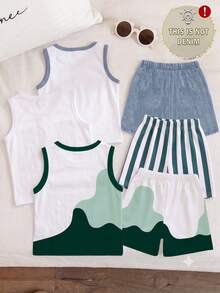 SHEIN Playful Pals 3 Set Pakaian Kasual Klasik Anak Laki-Laki Motif Denim Imitasi, Motif Matahari, Motif Patchwork Blok Warna, Atasan Tank Tanpa Lengan dan Celana Pendek Bermotif Senada, Cocok untuk Aktivitas Luar Ruangan - MultiWarna - View 2