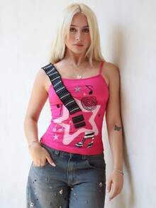 Grunge Punk ROMWE X Capri Everitt Women's Casual Versatile Daily Wear Musical Note Pattern Camisole Top - Pink - View 3