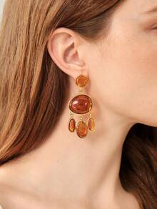 MOTF PREMIUM Retro Multi-Layer Gradient Tortoiseshell Amber Fringed Earrings, Multiple Oval Hemming Gold-Plated Long Banquet Earrings - Gold brown fringed earrings - View 3