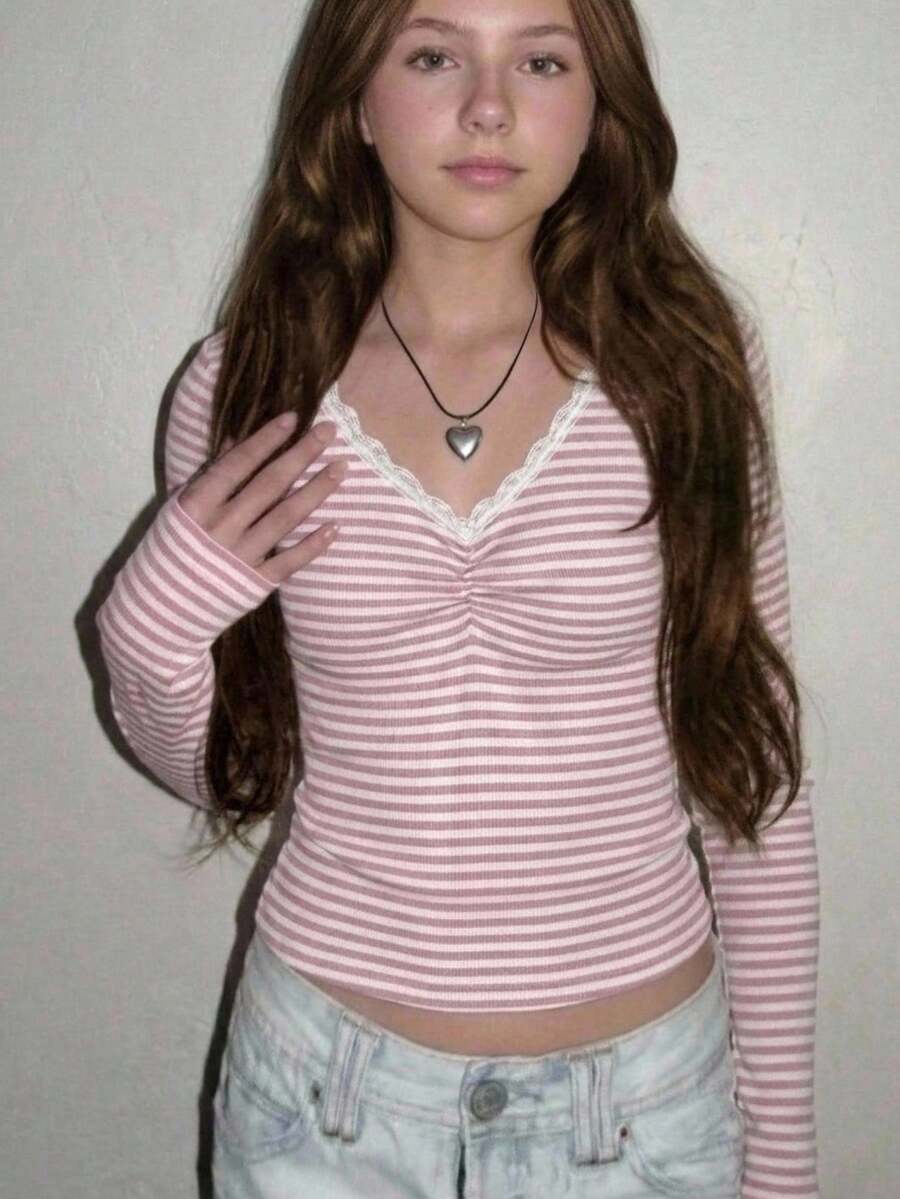 Tween Girl Tween Girl Tween Girls Striped Ruched Chest Long Sleeve Lace Trim - Pink - View 1