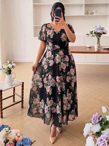 Modelyn Gaun Chiffon Elegan Motif Bunga Leher V Lengan Pendek Pinggang Terikat Potongan A-Line Regular Fit Ukuran Plus untuk Musim Semi dan Musim Panas - MultiWarna - View 7