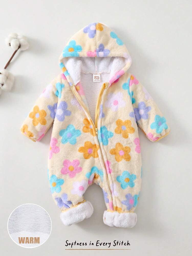 Cozy Pixies Baby Girl Baby Print Fleece Lined Thick Hooded Zipper Long Sleeve Jumpsuit Winter Romper Flower Colorful Cute Warm Fluffy - Multicolor - View 3