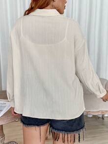 SHEIN CURVE+ Plus Drop Shoulder Pocket Patched Shirt Fall Cloth For Women - Apricot - View 2