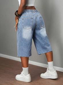 SHEIN Unity Women's Casual Streetwear Versatile Daily Travel School Everyday Denim Jeans With Pockets And Buttons Autumn Holiday Night Light Blue Weekend - Light Wash - View 5