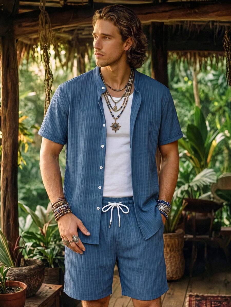 Genlund Plus Size Men's Solid Color Short Sleeve Single-Breasted Shirt And Shorts Beach Outfit, Holiday - Blue - View 1