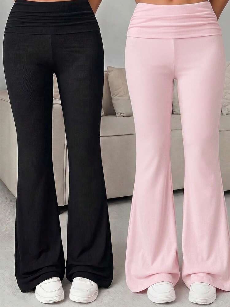 SHEIN Girlism Teen Girl Teen Girls Black & Pink Long Pants Set With Ruched Waist And Flare Leg, Buy 1pc Get 1pc Free Pcs - Multicolor - View 3