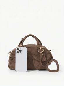 Viva Strut Ladies Fashionable Casual Street Personalized Sweet Cool Spice Y2K, Heart Mirror Pendant Rivet Design, Brown Suede Retro Handbag, Crossbody Bag - Coffee - View 5