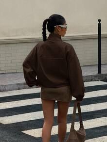 Muchica Women's Solid Color Stand Collar Zipper Fashion Streetwear Versatile Daily Travel Long Sleeve Jacket Everyday Dark Brown Autumn - Coffee Brown - View 2