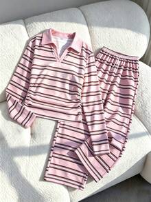 SHEIN Explorewe 青少年女孩條紋拼接短袖T恤與長褲休閒日常套裝 - 彩色 - 查看 1