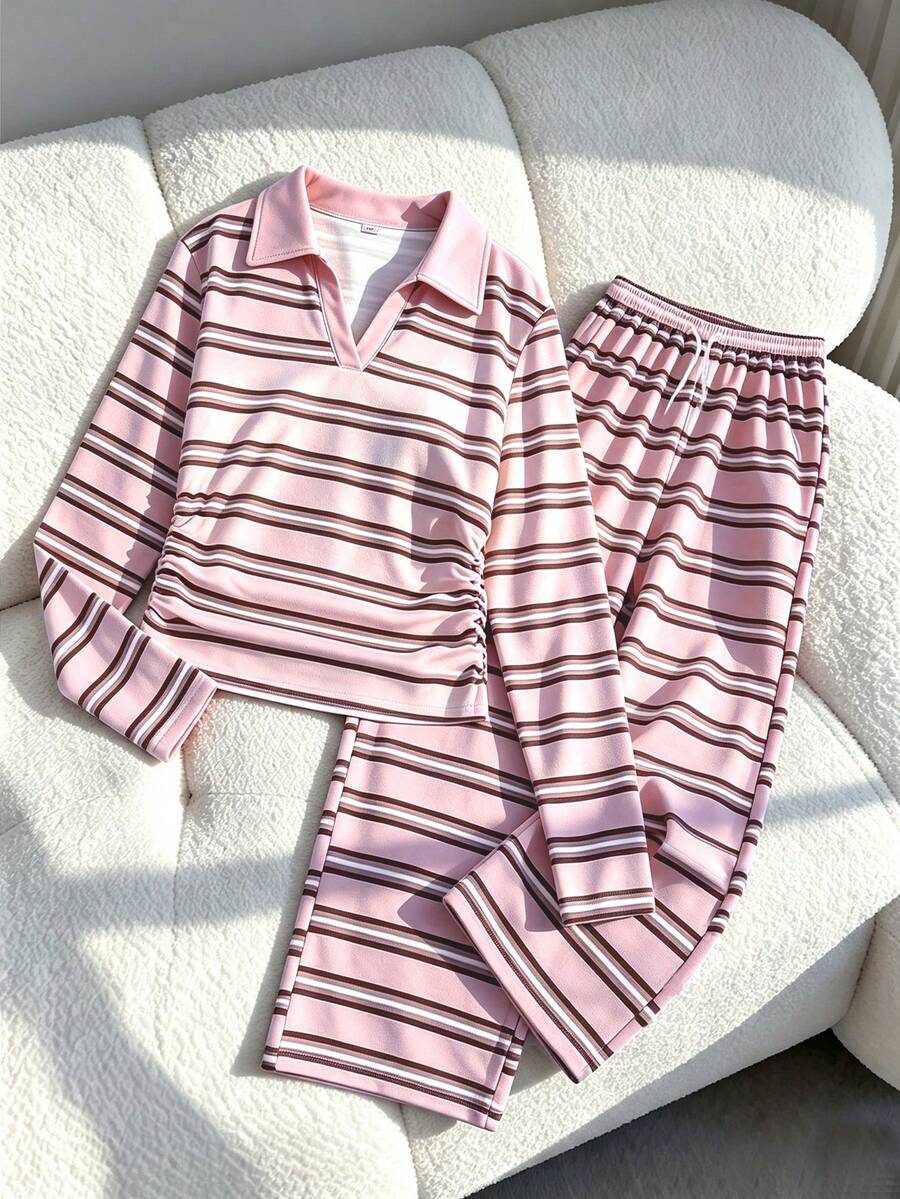 SHEIN Explorewe 青少年女孩條紋拼接短袖T恤與長褲休閒日常套裝 - 彩色 - 查看 1