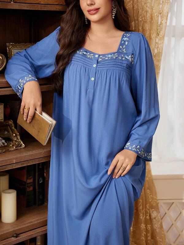 PalaceNights Camicia da notte taglie forti ampia a maniche lunghe con scollo plissettato stile palazzo e design in pizzo ricamato