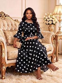 Fleurora Plus Size Women's Polka Dot Pattern Bell Sleeve Elegant Dress Fall - White - View 2