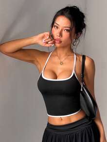 Dewbera Dewbera Women's Colorblock Back Cutout Halter Neck Sports Tank Top Gym Workout Black And White Summer Athletic Sexy - Black and White - View 2