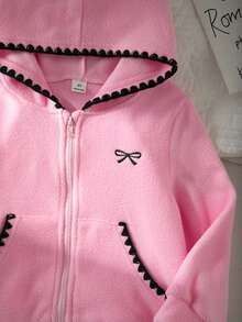 SHEIN 女童休閒粉色刷毛連帽外套，蝴蝶結刺繡拉鍊開襟外套 - 粉色 - 查看 6