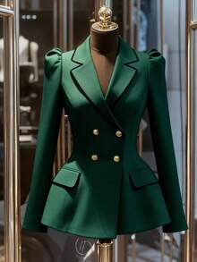 Franclia 通勤时尚百搭束腰双排扣金属纽扣撞色饰边卡其色女式西装外套，优雅春秋季外套，商务休闲装，漂亮女士西装外套 - 墨綠色 - 查看 3