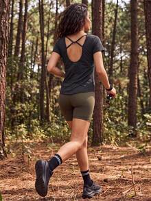 Exploreva Exploreva Women's Solid Color Backless Casual Versatile Daily Short Sleeve T-Shirt - Dark Grey - View 3
