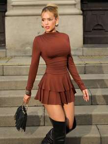 Sandy Gomes Women's Red Long Sleeve High Neck Ruched Waist Vintage Dress, Autumn/Winter Elegant - Brown - View 4