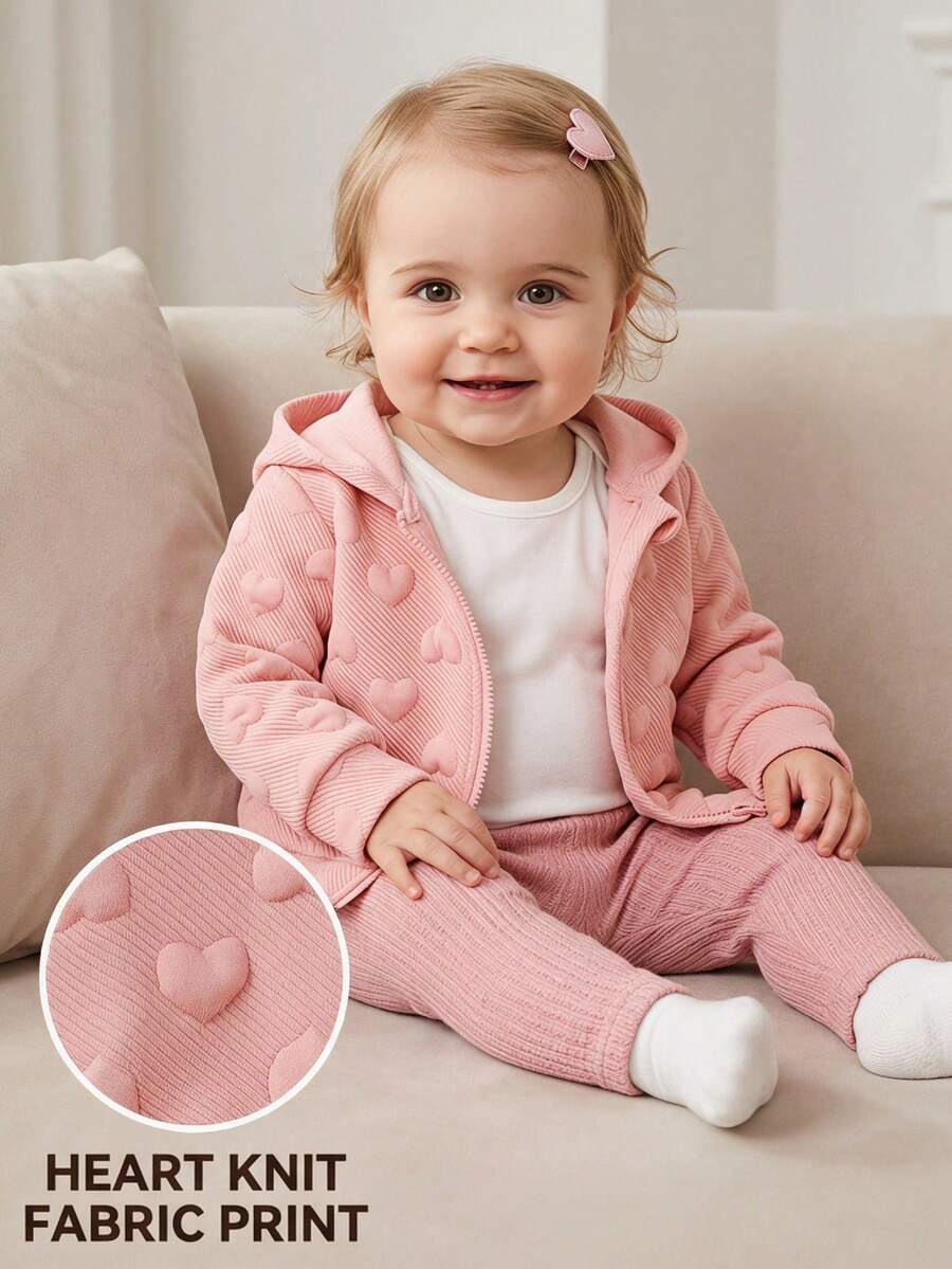 SHEIN Playful Pals 女嬰休閒純色保暖內裡連帽拉鍊夾克,適合秋冬穿著 - 淺粉色 - 查看 1
