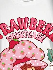Strawberry Shortcake X SHEIN 大尺碼女款圓領字母卡通印花休閒日常短袖T恤 - 白色 - 查看 4