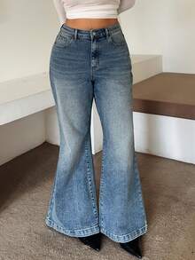 Dazy Plus Two-Tone Washed Distressed Skinny Stretch Flare Jeans, Long All-Season Elegant Denim Pants - Medium Wash - View 7