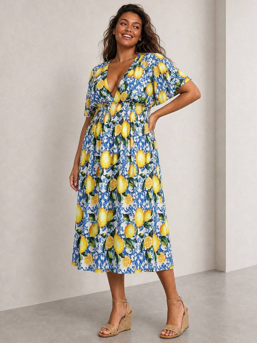 ELLERISSA Plus Size Blue Tile Print V Neck Midi Dress Brunch Vacation ...