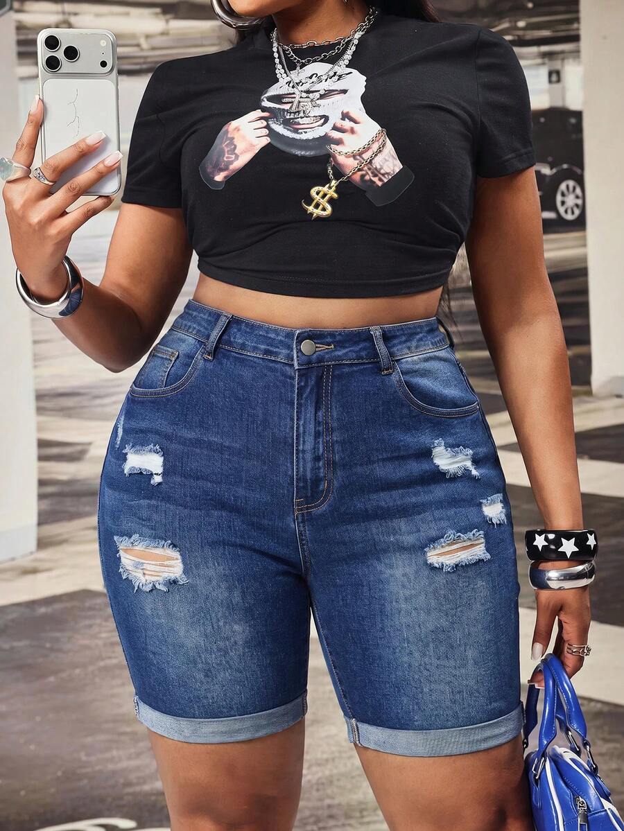 Slaydiva Plus Size Women's Ripped Fashionable Casual Loose Fit Versatile Stretch Denim Shorts Formal Beach Blue Summer - Dark Wash - View 1