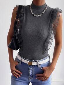 FRIFUL Women's Turtleneck Ribbed Tank Top With Mesh Ruffle Trim Sleeveless Layered T-Shirt Brunch Gray Autumn French Elegant - Dark Grey - View 4