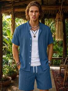 Genlund Plus Size Men's Solid Color Short Sleeve Single-Breasted Shirt And Shorts Beach Outfit, Holiday - Blue - View 4