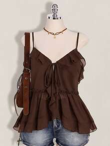 SHEIN ICON Plus Size Women's Ruffle Chiffon Solid Color Tie Strap Camisole - Brown - View 1