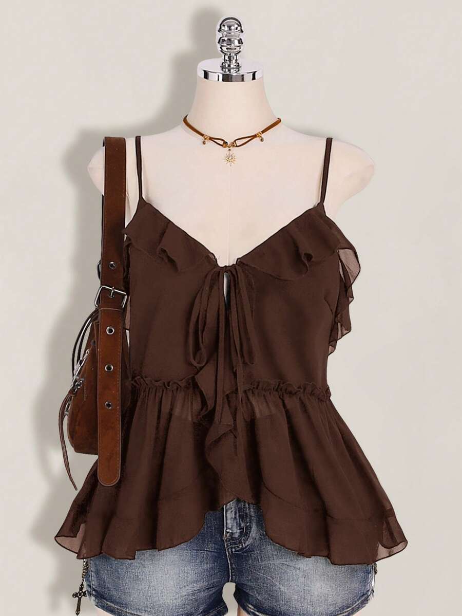 SHEIN ICON Plus Size Women's Ruffle Chiffon Solid Color Tie Strap Camisole - Brown - View 1