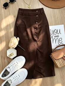 SHEIN Women's Solid Color Slit Design Casual Versatile Daily Skirt - Brown - View 4