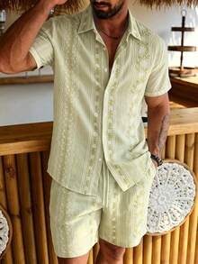 Manfinity Homme Men's Floral Print Single-Breasted Short Sleeve Shirt And Shorts Set - Light Yellow - View 5