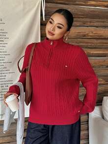 Dazy Plus Solid Color Casual Half-Button Loose Fit New Year Red Christmas Long Sleeve Pullover Sweater, Autumn/Winter - Red - View 4