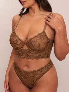 SHEIN BAE CURVE 2 件大码女式黑色刺绣内衣套装，镂空透视薄款长款有骨内衣套装 - 咖啡棕 - 查看 6