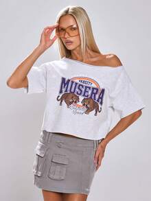 MUSERA Kaos Varsity Bergambar Motif Grafis, Model Longgar, Bahu Terbuka, dan Ujung Bawah Kasar, Cocok untuk Kembali ke Sekolah, Liburan Sehari-hari, dan Kasual. - Light Grey - View 1
