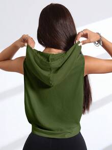 Eassivo Eassivo 字母刺繡無袖連帽運動衛衣 - 軍綠色 - 查看 4