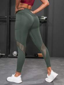 Powerista Solid-Color Mesh Contrast Sheer Sports Leggings Yoga Women Pants - Army Green - View 3