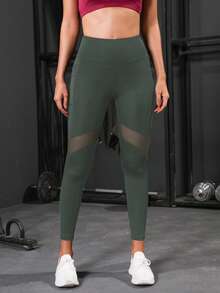 Powerista Solid-Color Mesh Contrast Sheer Sports Leggings Yoga Women Pants - Army Green - View 5