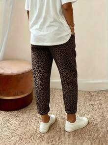 EMERY ROSE Plus Size Women's High Waist Loose Leopard Print Ankle Pants Fall - Brown - View 2