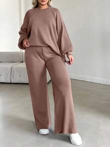 EURMUSE Plus Size Women Solid Color Raglan Sleeve Sweater And Knit Pants Casual Set - Dusty Pink - View 7