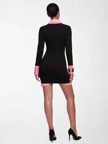 SHEIN ICON Herbst/ Damen Schulanfang elegantes sexy Farbblock Kontrast Spitze Mini-Kleid Nachtausgang Club Schwarz und Pink - Schwarz - Übersicht 2