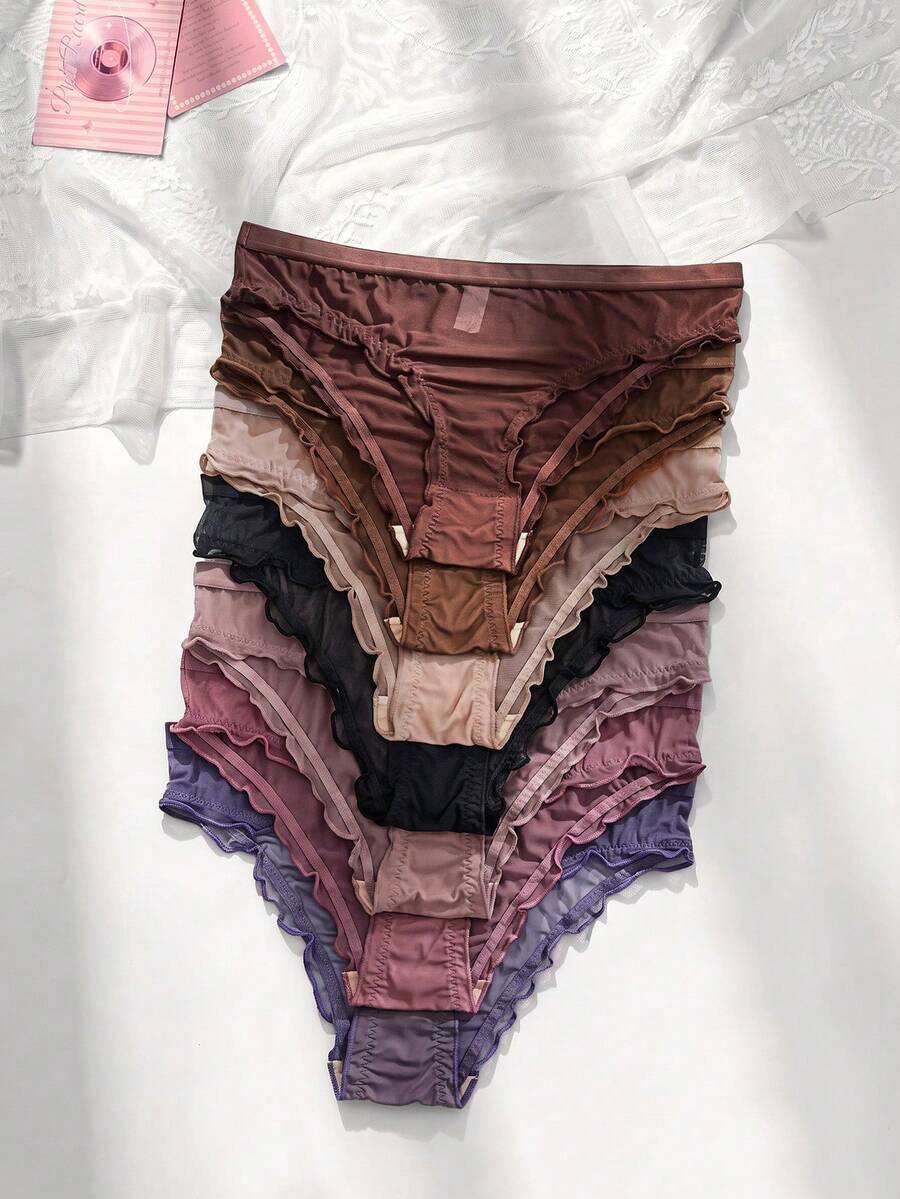 FairyFlirt Plus Size 7pcs Cute & Delicate Mesh Lettuce Trim Panty Set Lingerie - Multicolor - View 1