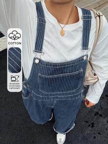 Dazy Plus 時尚條紋休閒寬鬆長版層次感大尺碼女款牛仔吊帶褲 春夏秋季 - 藏蓝色 - 查看 1