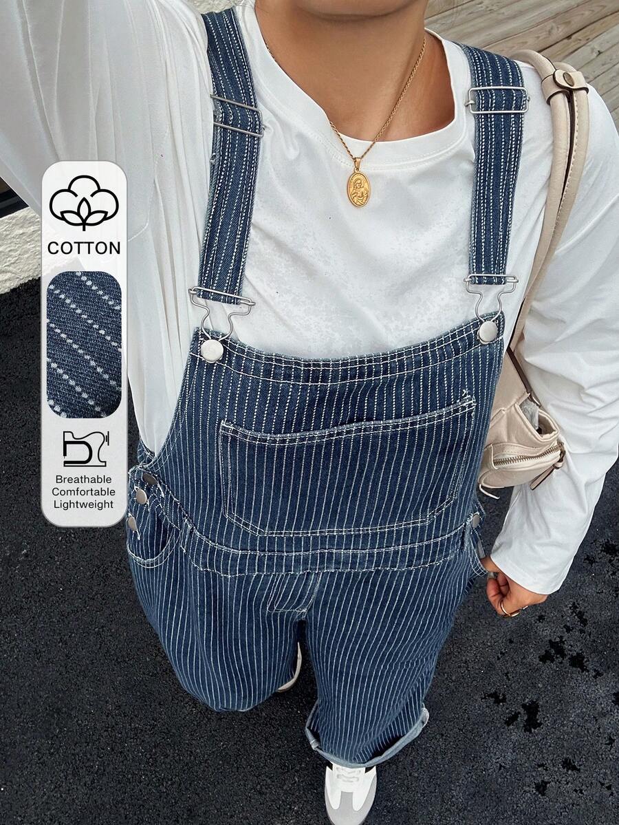 Dazy Plus 時尚條紋休閒寬鬆長版層次感大尺碼女款牛仔吊帶褲 春夏秋季 - 藏蓝色 - 查看 1