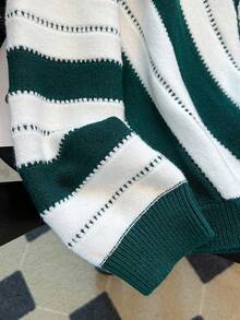 Franclia Women's Green And White Striped Autumn Casual School Sweater,Deep V-Neck Geometric Pattern Jacquard Long Sleeve Loose Christmas Halloween Clothing - Dark Green - View 4