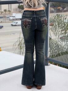 Grunge Punk ROMWE X Capri Everitt 花卉與字母刺繡女款喇叭休閒牛仔褲，校園風 - 藍色 - 查看 4