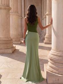 Coutiva Adult Elegant Bridesmaid Dress With Ruffle Asymmetric Hem - Olive Green - View 2