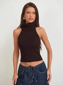Aloruh Women's Elegant High Neck Backless Halter Sleeveless Pearl Sweater Vest - Coffee Brown - View 5