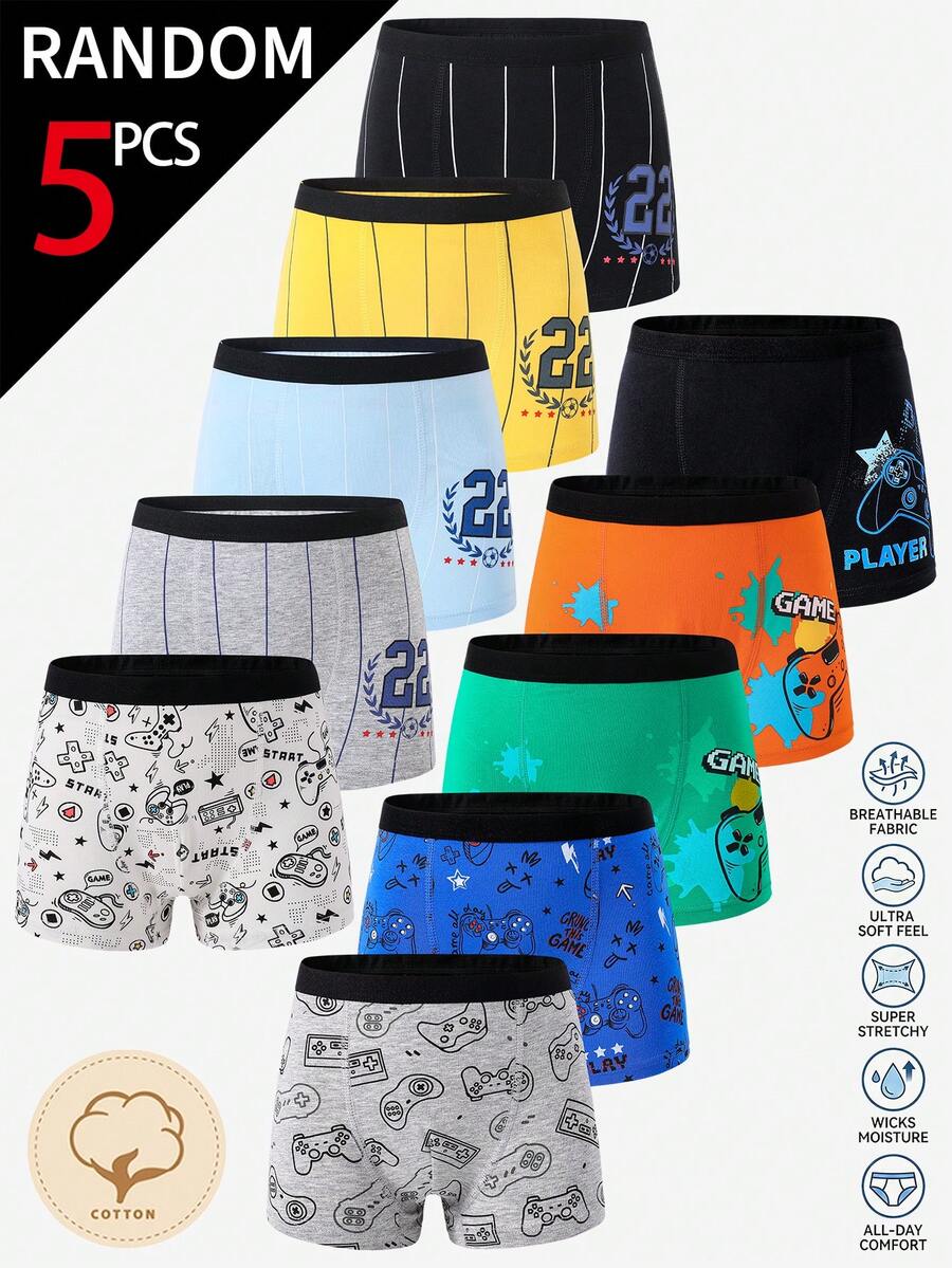 [5 Random Piece] Young Boys Trunks-5 Packs Random Designs Colorful Patterns Elastic Waist Comfortabl - Multicolor - View 1