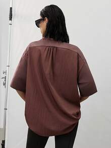 MERLEAU-F Camiseta de manga corta de unicolor casual versátil para uso diario, salidas nocturnas, marrón oscuro, verano, oficina casual, atuendos de trabajo para mujeres - Óxido marrón - Ver 2